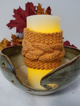 Load image into Gallery viewer, These decorative cozies are to be used with flameless candles only and are made to fit a 3 inch round candle. With the same candle, change the cozy for various holidays & seasons or match your room decor!  Two individual sizes and many different colors available - Large is approximately 5 inches tall, small is approximately 3 inches tall  Use the code "Candle Cozy Set" at checkout to receive $1 off the purchase of two or more items.