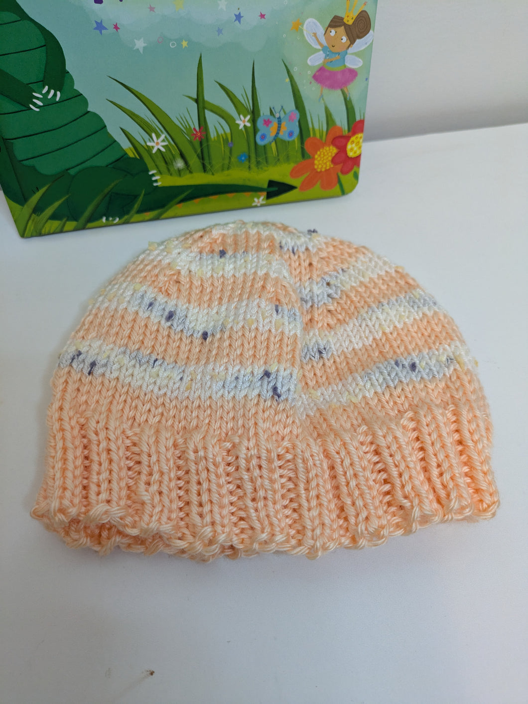 Baby Hat - 6 to 12 months - Peach/Ivory Fleck Stripe