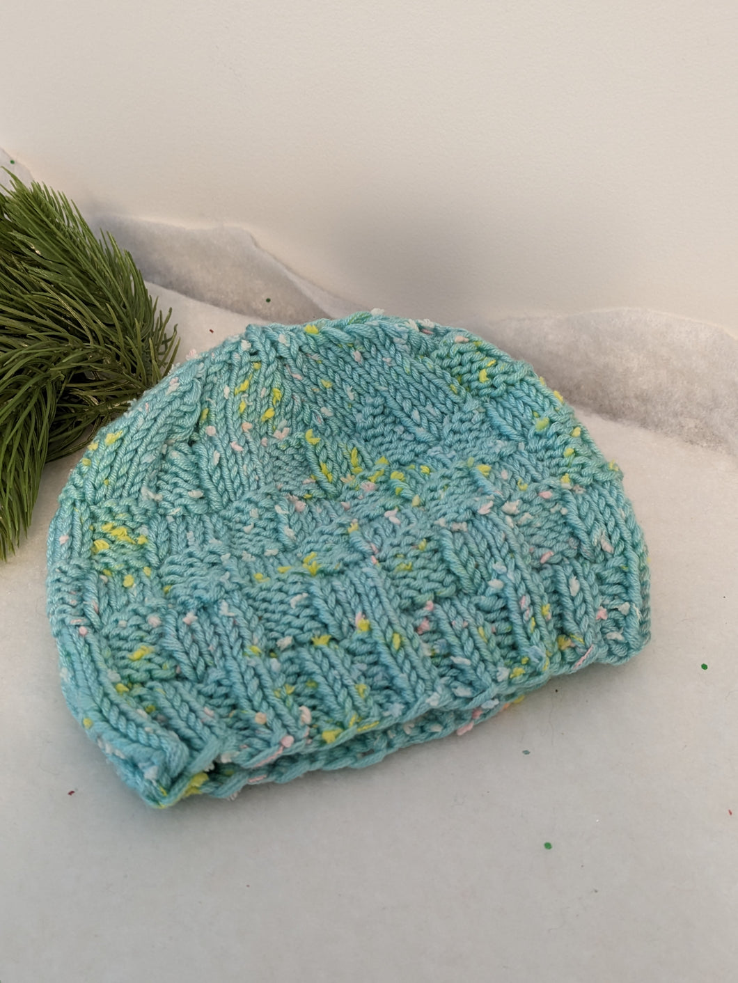 Baby Hat - 6 to 9 months - Aqua Fleck, Basketweave design