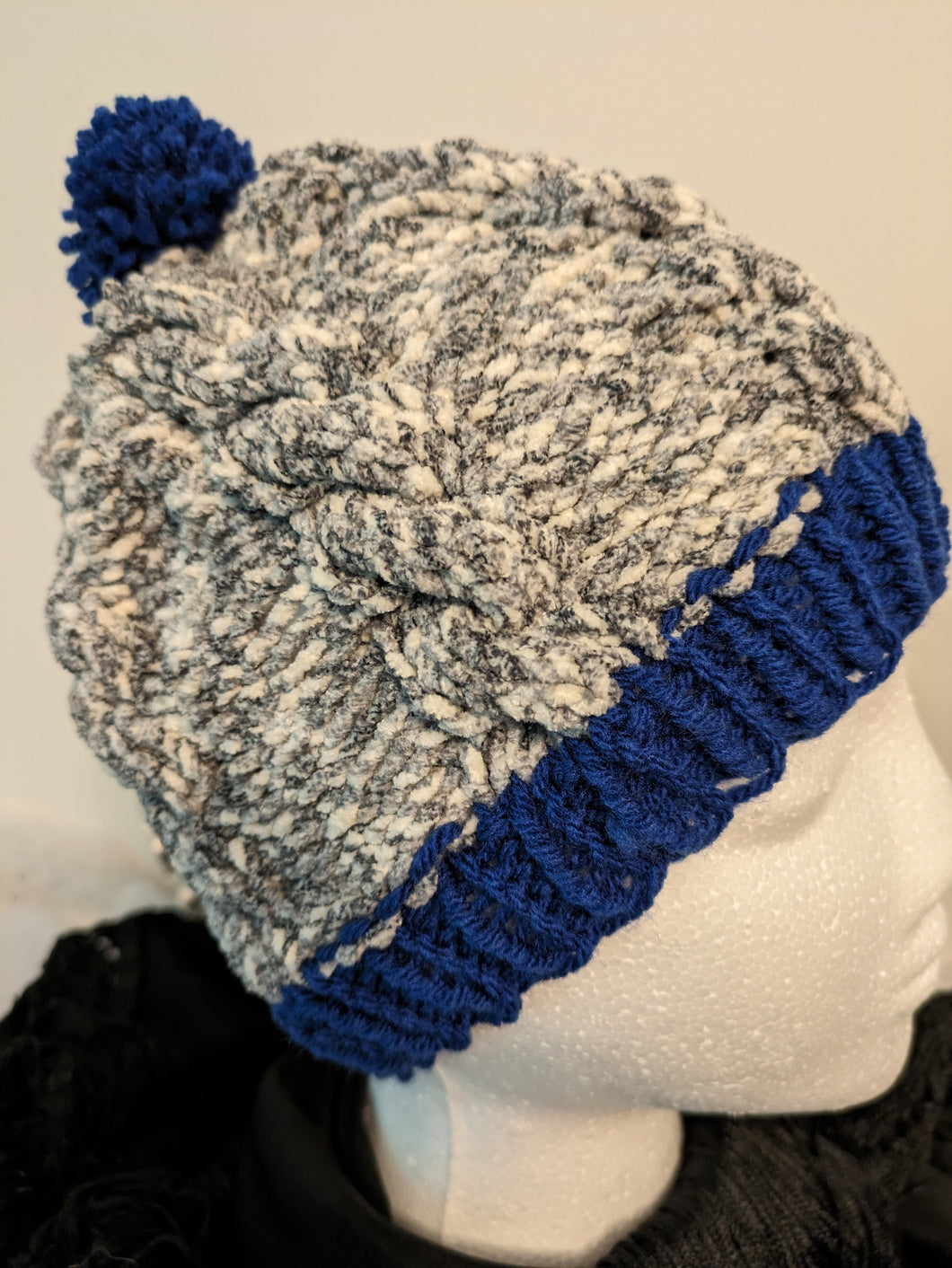 Beanie - color: Blue Stone with Royal trim, style: cabled, size: adult