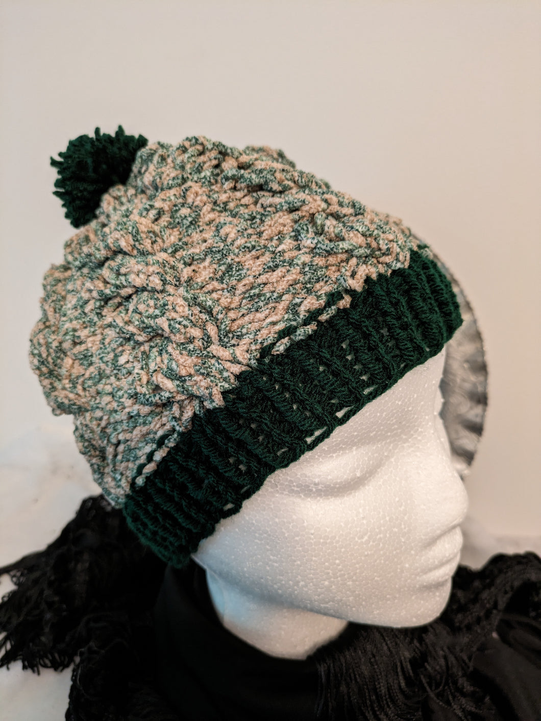 Beanie - color: Cedar with Green trim, style: cabled, size: adult