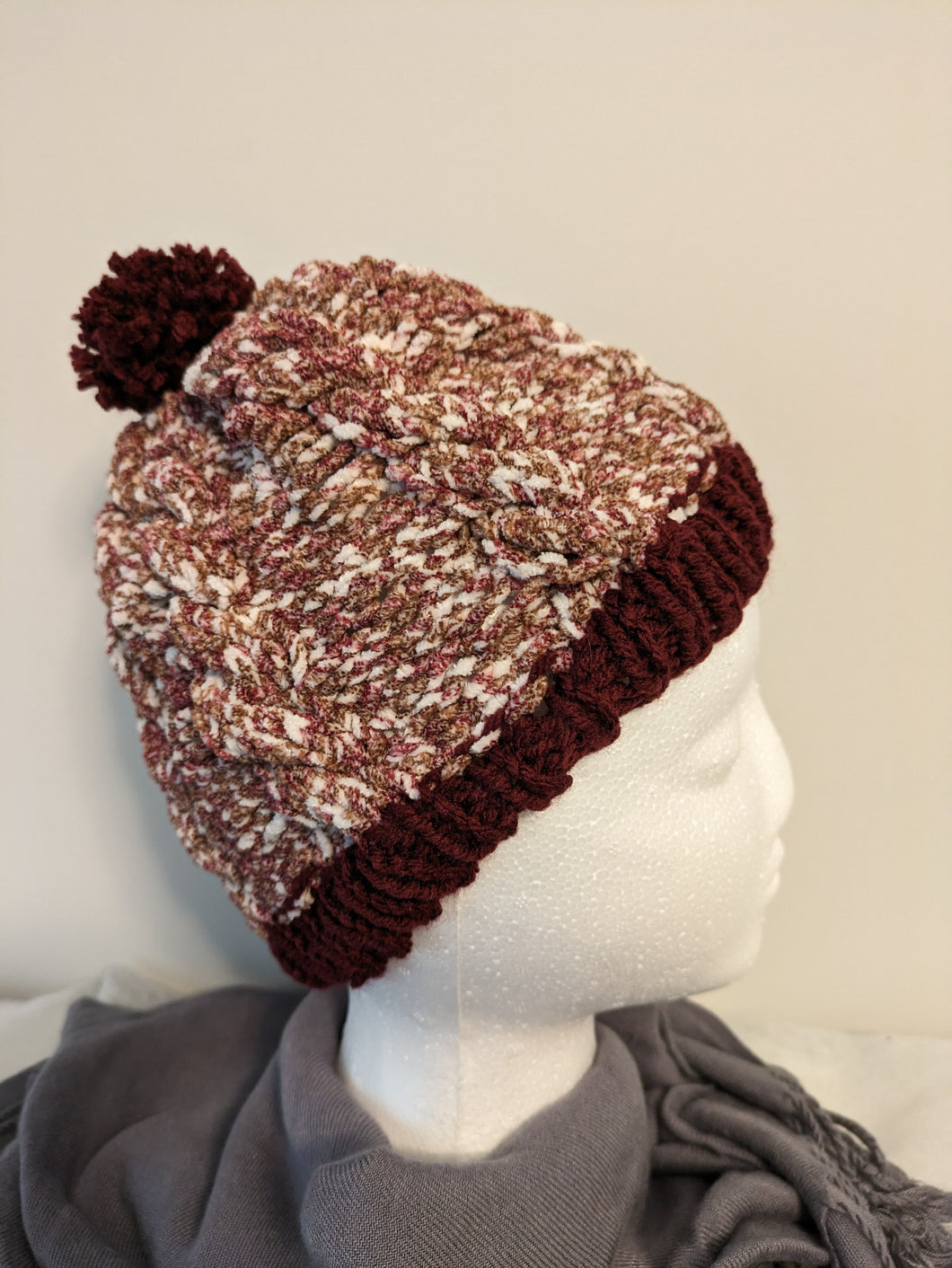 Beanie - color: Cranberry with Claret trim, style: cabled, size: adult