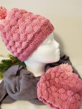 Load image into Gallery viewer, Bubble beanie with fun pom-pom! This yarn is super soft and machine wash/dryable. Natural ombre colors means no two hats will ever look exactly the same. Many more colors &amp; styles to choose from and custom orders for specific colors are always welcome Matching child size available in this color
